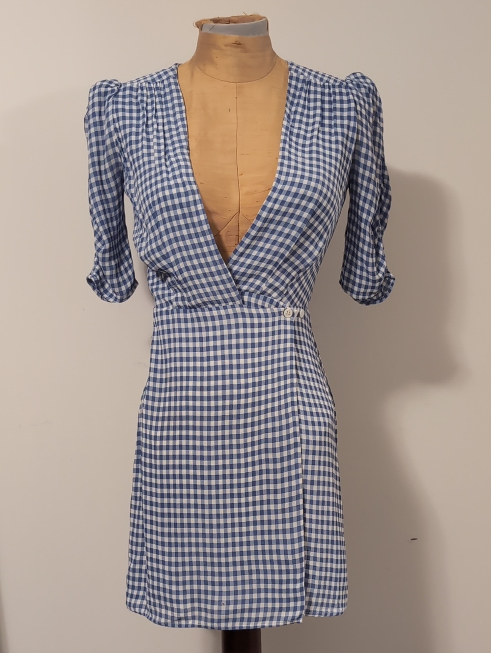 Reformation Blue Gingham Deep V Wrap Mini Dress Size XS